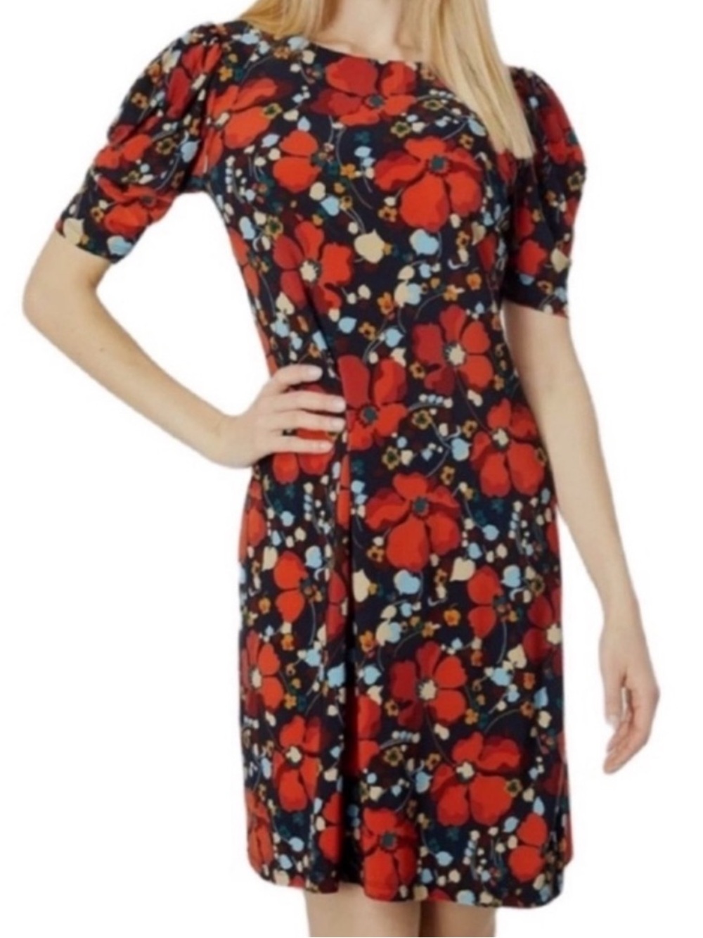 Tommy Hilfiger Short Sleeve Dress Floral Jersey Sky Captain Blue Red Size 10
